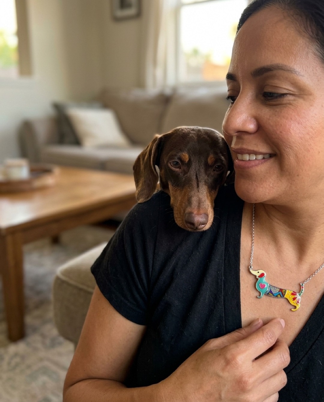 A woman wearing the enameled Rescue Necklace, holding her dachshund